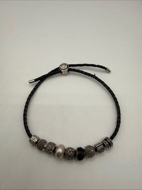 Persona Black Braided Leather Bracelet with Silver and Black Beads silver .925
